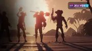 Quatre pirates de Sea of Thieves réunis sur une plage au coucher du soleil pour illustrer un équipage crossplay entre PS5, Xbox et PC