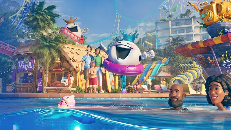 Planet Coaster 2 mise à jour montrant un parc coloré avec montagnes russes et logo officiel