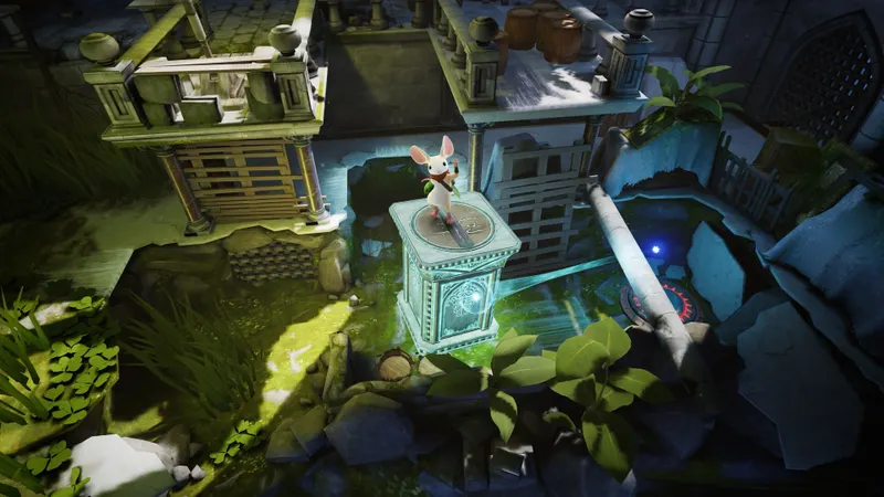 Quill explore un environnement de puzzle dans Moss The Forgotten Relic