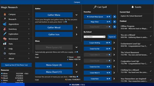 Interface de gestion de Magic Research, entre recherche magique et développement du campus