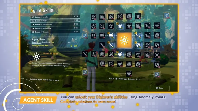 Arbre Agent Skills de Digimon Story Time Stranger avec branches de liens et Anomaly Points