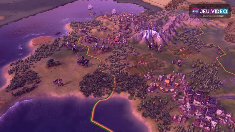 Carte de Civilization VI montrant une civilisation en expansion autour de plusieurs villes et territoires