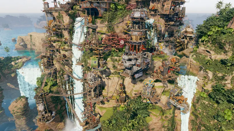Captura oficial de Corsair Cove que muestra una colonia pirata y sus sistemas de gestión