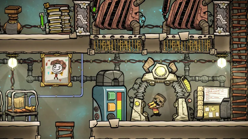 Duplicant stressé près d’équipements de recherche dans Oxygen Not Included pour rappeler de ne pas surcharger compétences et machines trop vite