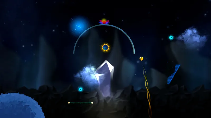 Niveau sombre d’Amberial Dreams avec portails bleus, cristal central et sphère en vol