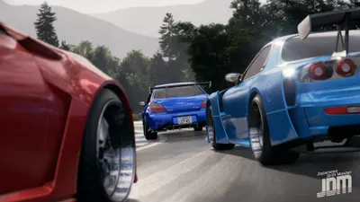 JDM photomode : trois voitures de drift sur une route japonaise