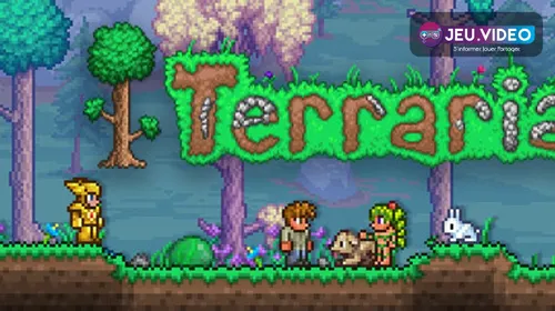 Visuel officiel de Terraria montrant un monde 2D d’exploration et de construction