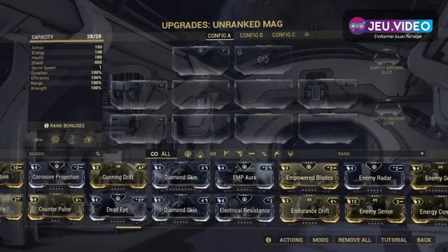 Menu d'amélioration de Warframe montrant les emplacements de mods à utiliser pour construire une arme early game