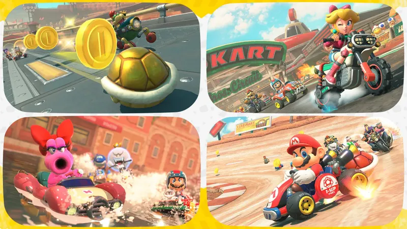 Image officielle de Mario Kart World présentant des techniques de course et des accélérations