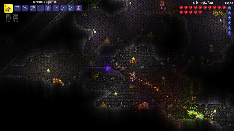 Terraria montre une base construite avec des personnages et des objets