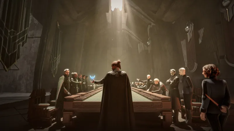 Scène officielle de faction dans Dune : Awakening avec plusieurs personnages