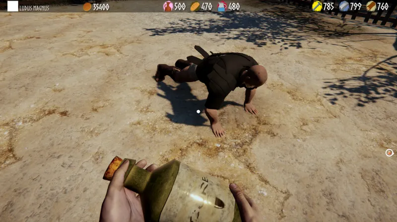 Capture officielle de Ludus montrant un gladiateur équipé avant un combat, étape de vérification du style et de l’armement