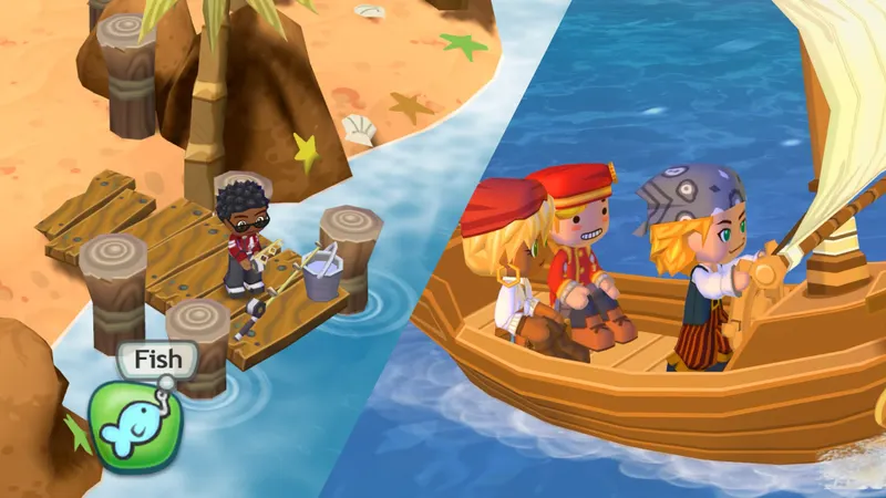 Personaje de MySims pescando en un muelle mientras los habitantes navegan en barco