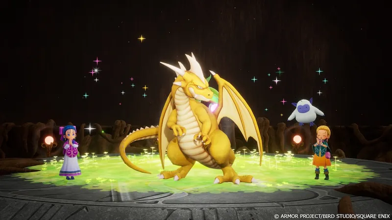 Dragon Quest Monsters : The Withered World montrant un grand dragon doré et le système de synthèse