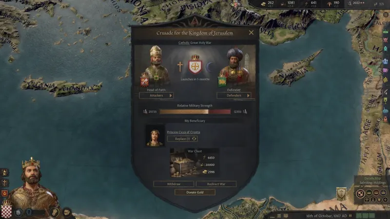 Écran de grande guerre religieuse dans Crusader Kings III montrant un conflit à éviter juste avant de restaurer Rome
