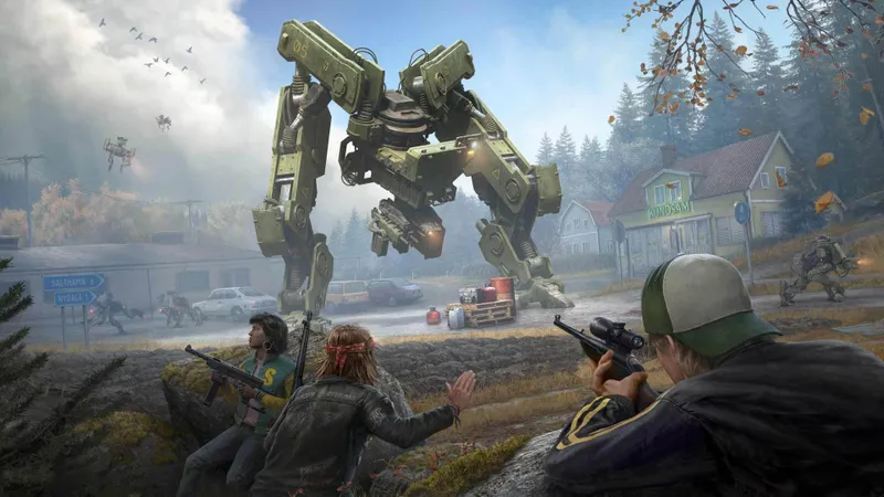 Personnage de Generation Zero visant une machine dans un environnement extérieur pour choisir une arme de moyenne ou longue portée