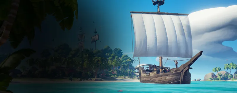 Un sloop de Sea of Thieves longe une plage tropicale pour illustrer une première session test en petit équipage