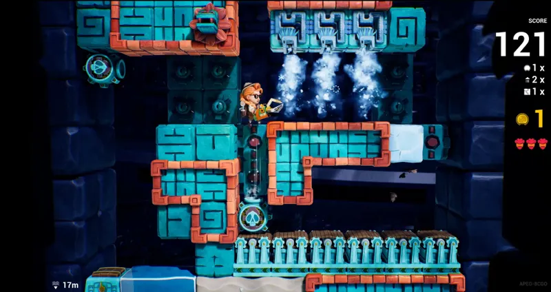 Capture de Pit Panic dans Flooded District avec eau, pics et plateformes suspendues
