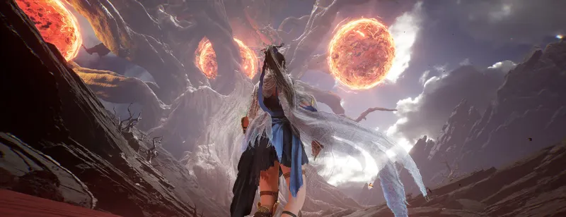 Nezha vue de dos face aux soleils et aux montagnes pour planifier les transitions entre exploration au sol et assauts aériens