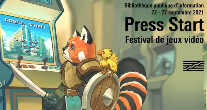L'affiche du Press Start montre un panda roux humanoïde en armure devant une borne d'arcade.