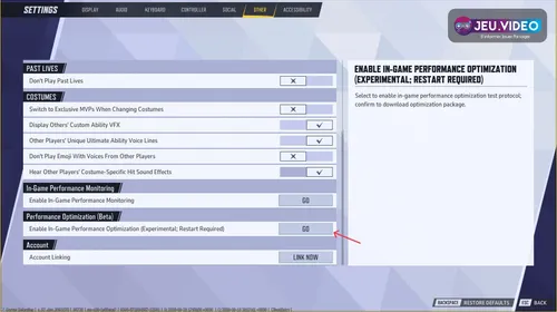Menu Other de Marvel Rivals affichant Performance Optimization Beta pour améliorer les FPS sur PC