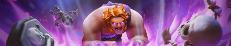 Un personnage roux aux yeux lumineux violets se penche en avant, entouré de squelettes et de lueurs roses et violettes.