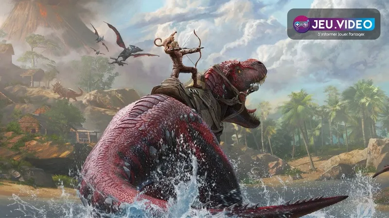 ARK Survival Ascended avec logo officiel, dinosaures et survivants en monde ouvert