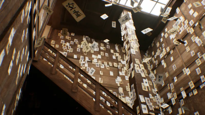 BrokenLore DON'T LIE montrant un escalier envahi de papiers japonais dans un espace déformé