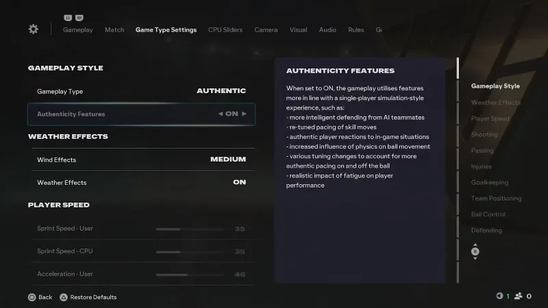 Réglages de jeu de EA SPORTS FC 26 affichant le preset Authentic Gameplay pour une carrière réaliste.