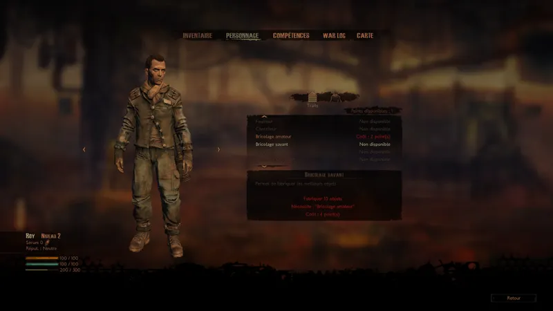 Image d'un menu du jeu où l'on voit les palliers qui améliorent les compétences du personnage.