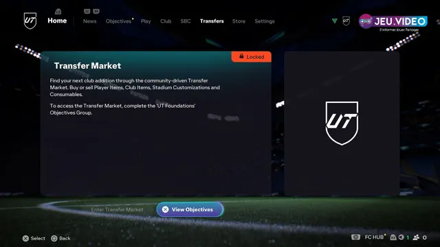 Marché des transferts verrouillé dans EA FC 26 Ultimate Team avec bouton d’objectifs pour débloquer l’économie du club