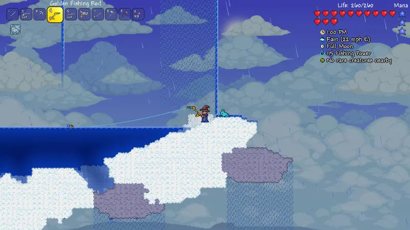 Scène officielle de Terraria illustrant la collecte de matériaux avant une fabrication d’équipement