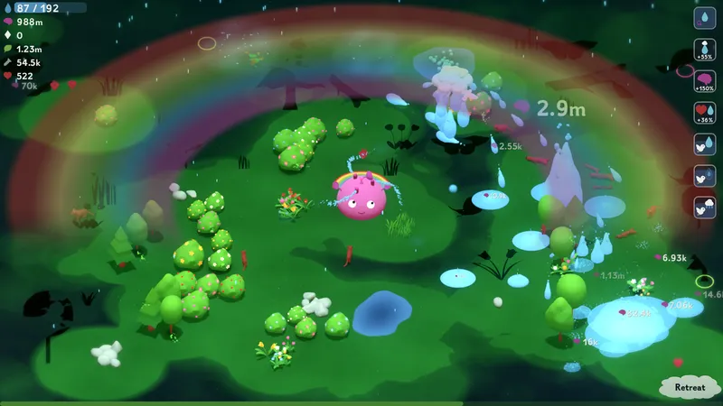 Zone avancée de The Greenening avec arc-en-ciel, pluies automatiques et ressources produites