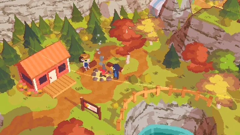 Camp de départ de A Short Hike avec Claire près d’un feu et d’une cabane avant l’ascension