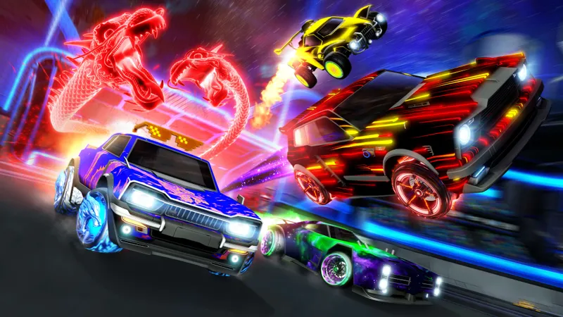 Voitures colorées de Rocket League en action dans une arène