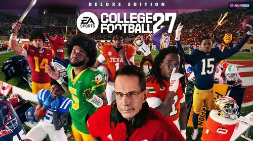 Affiche officielle de College Football 27 présentant le mode Mascot Mashup et ses mascottes sur un terrain de football américain