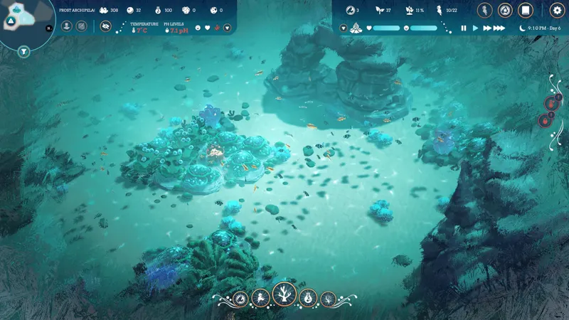 Life Below montre une zone de récif à gérer avec ressources et interface PC