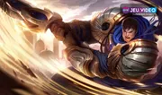 Garen, combattant de League of Legends, tient son épée sur un champ de bataille.