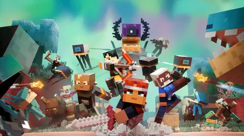 Minecraft Dungeons II gameplay, héros face à un paysage de blocs