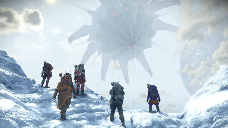 Vaisseau de No Man’s Sky au-dessus d’une planète, illustrant la gestion du cargo et des ressources transportées