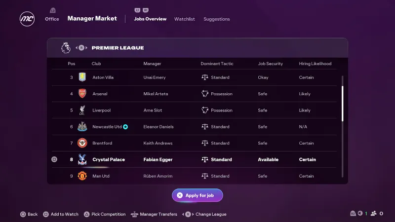 Aperçu de poste dans le marché des managers de EA Sports FC 26 avec Crystal Palace disponible et bouton de candidature