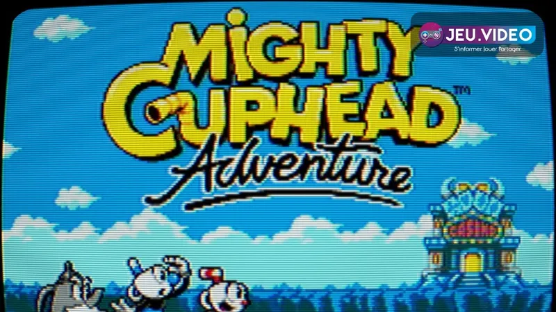 Mighty Cuphead Adventure trailer montrant l’écran titre 8-bit de Cuphead