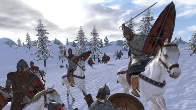 Combat médiéval de Mount & Blade : Warband montrant des cavaliers et des troupes engagées sur un champ de bataille