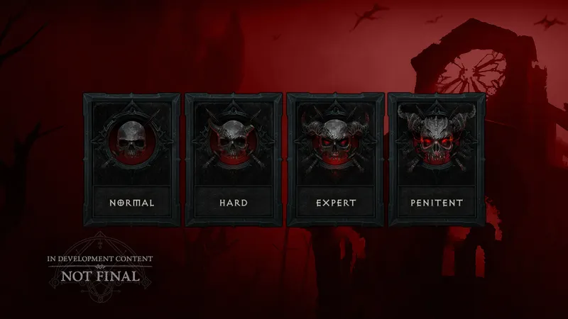 Menu des difficultés standard de Diablo IV avec Normal, Difficile, Expert et Pénitence