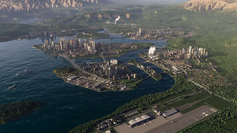 Luftaufnahme einer weitläufigen Stadt mit Hochhäusern, Wasserwegen, Brücken, Industrieanlagen und einem Flughafen vor bewaldeten Bergen.