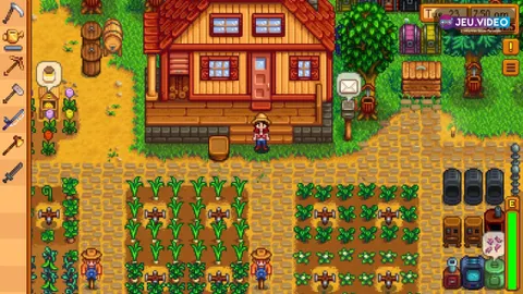 Ferme multijoueur de Stardew Valley montrant plusieurs joueurs autour d’un étang et d’un moulin pour illustrer une session coop partagée