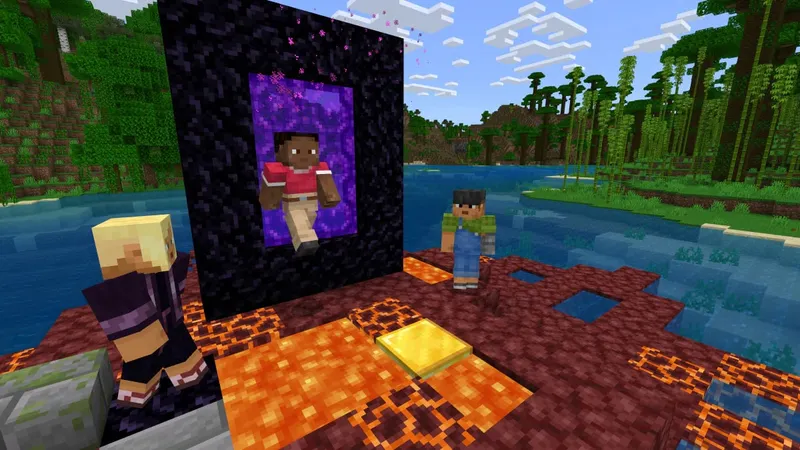 Personnages Minecraft sortant d’un portail du Nether vers un paysage de l’Overworld