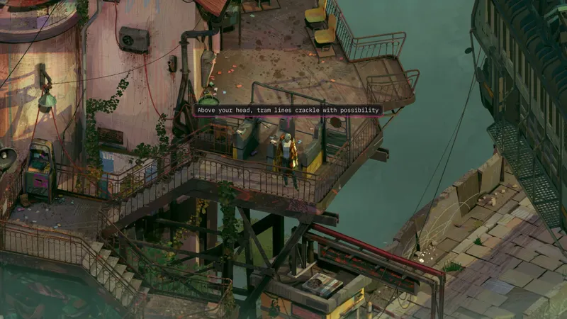 Balcon urbain et ligne de tram dans un quartier de Portofiro dans ZERO PARADES : For Dead Spies