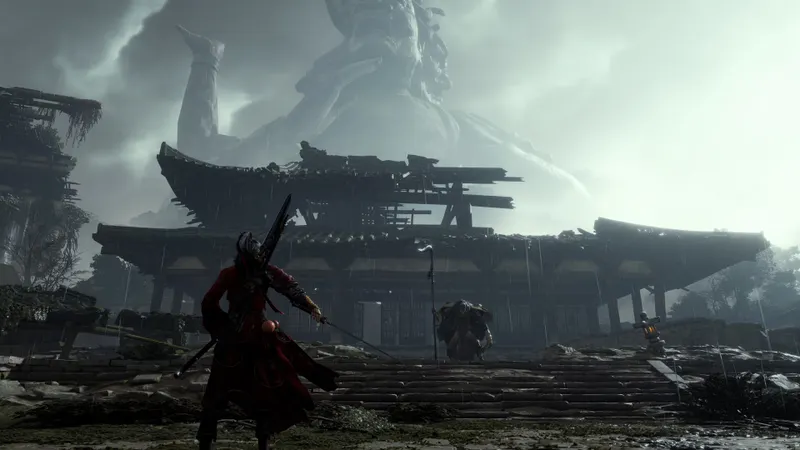 Where Winds Meet montrant un combat devant un temple monumental