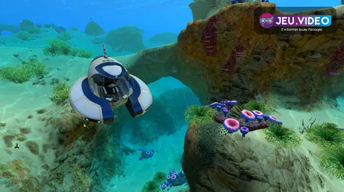 Artwork officiel de Subnautica montrant la Lifepod et une plongée de départ sur la planète océanique 4546B